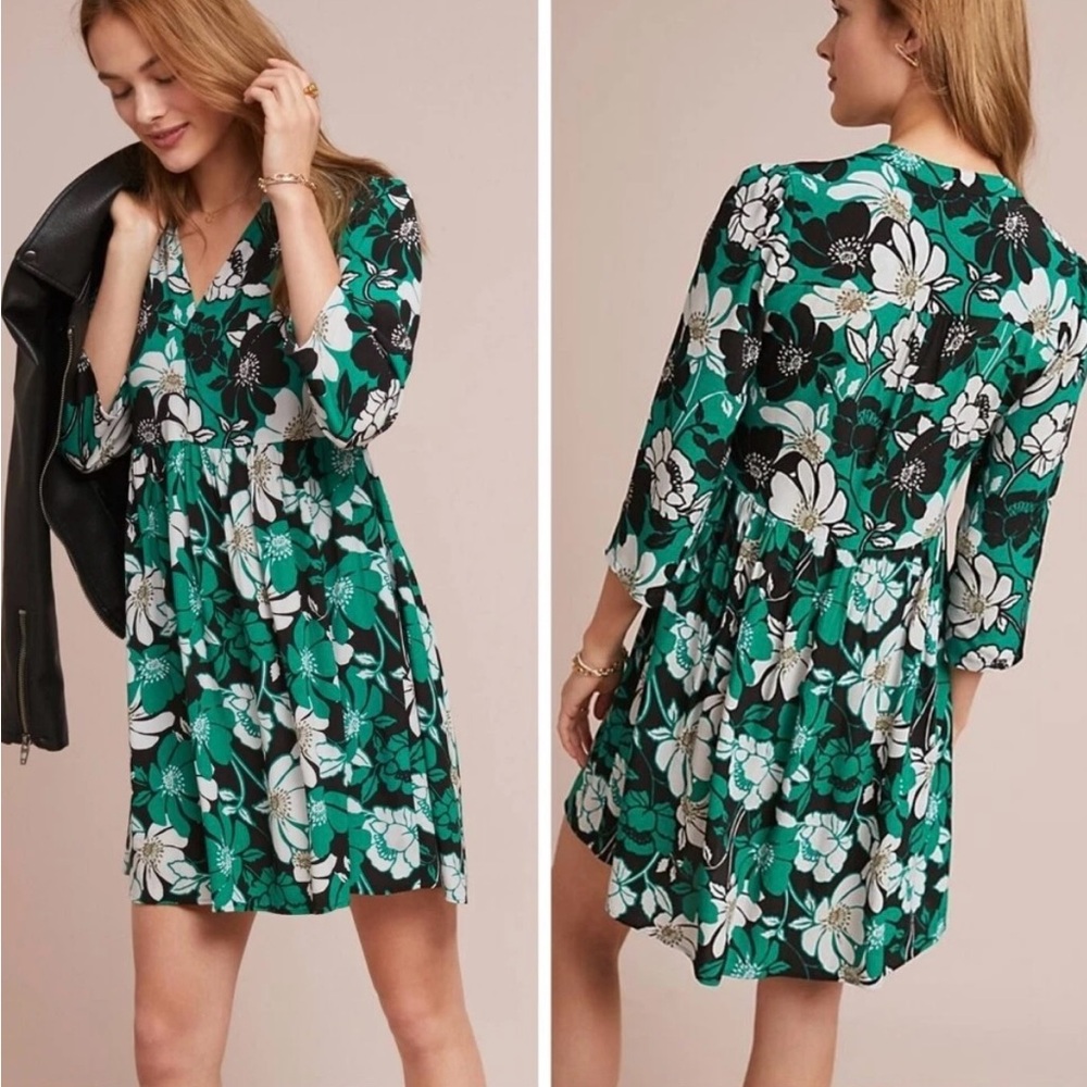 Anthropologie Maeve Juno Emerald Floral Mini Dress XS | Boho